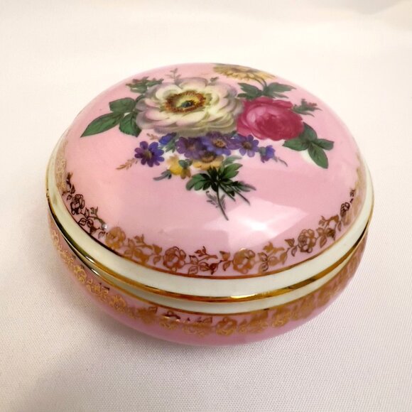 Limoges France Vintage Porcelain Trinket Box Pink Floral Vanity Dish Gold Trim - Picture 9 of 11